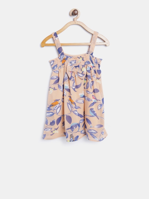 YK Girls Beige Floral Printed Fit and Flare Dress