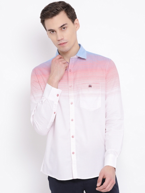 Crimsoune Club Men Pink & White Slim Fit Striped Casual Shirt