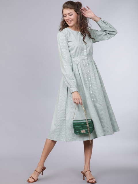 Tokyo Talkies Women Green Checked Fit and Flare Dress