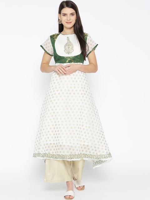 Shakumbhari Women White & Green Woven Design A-Line Kurta