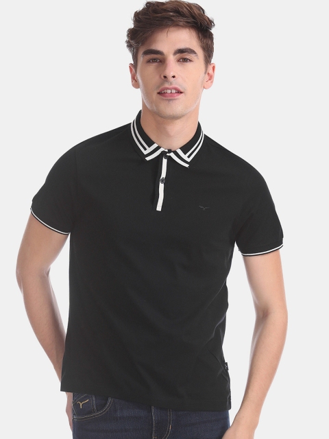 Flying Machine Men Black Solid Polo Collar T-shirt