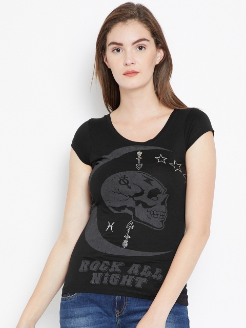 PUNK Women Black Printed Round Neck T-shirt
