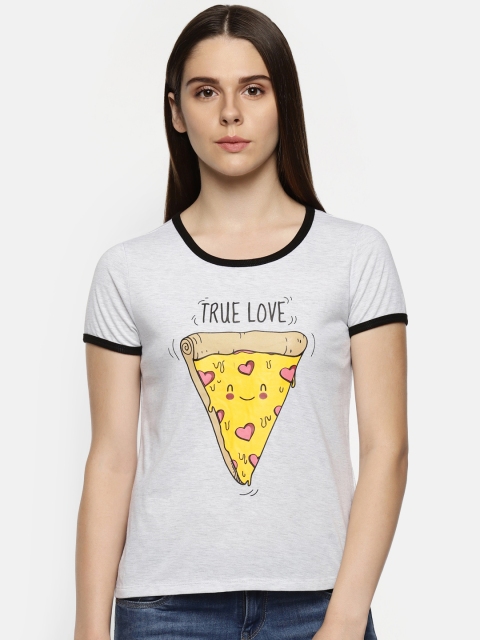 Honey by Pantaloons Women Grey Yellow Printed Round Neck Pure Cotton T-shirt
