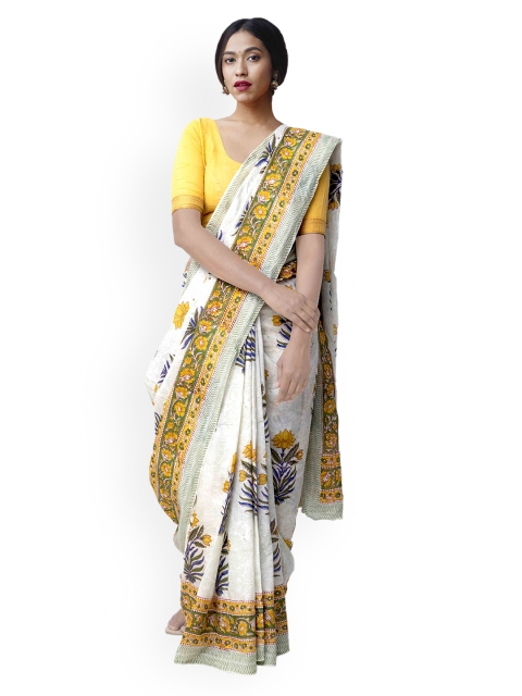 Unnati Silks White & Yellow Art Silk Printed Bagru Handloom Saree