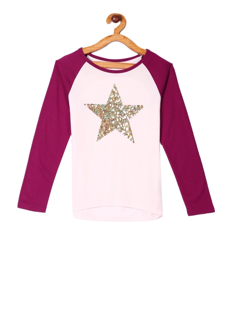 The Childrens Place Girls White & Burgundy Colourblocked Round Neck T-shirt