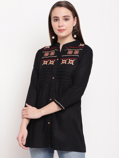 Vbuyz Women Black & Brown Embroidered Tunic