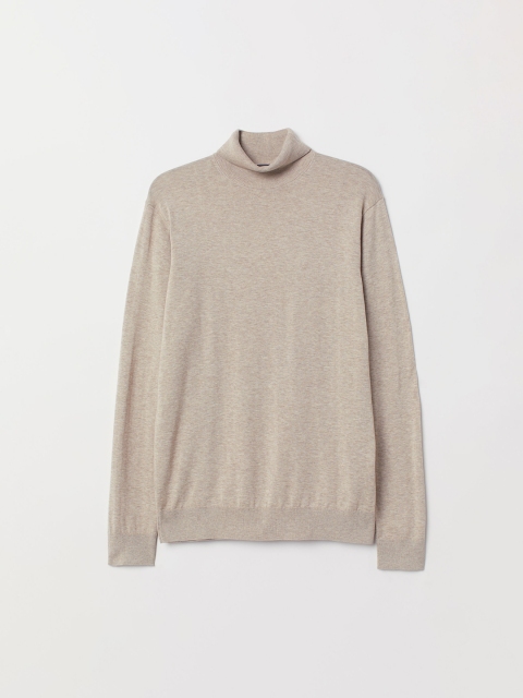 H&M Men Beige Premium Cotton Polo-Neck Jumper
