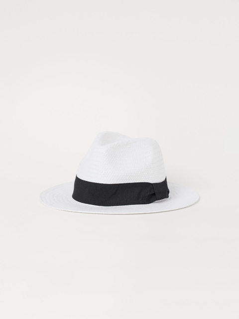H&M Women White & Black Straw Hat with Grosgrain Band