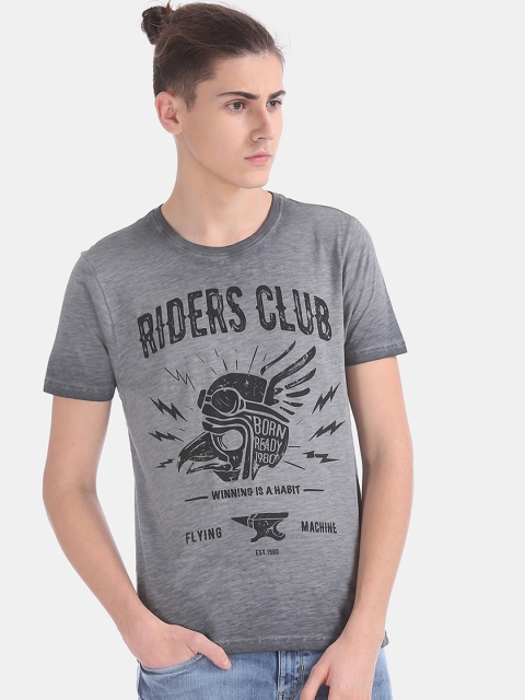 Flying Machine Men Grey Printed Round Neck T-shirt