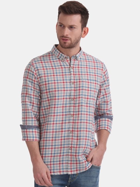 Flying Machine Men Beige & Red Regular Fit Checked Casual Shirt