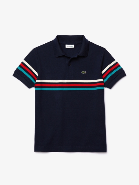 Lacoste Boys Navy Blue Tricolour Striped Polo Collar T-shirt
