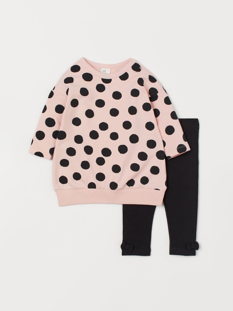 H&M Girls Pink & Black Polka Dot Print 2-Piece Cotton Clothing Set