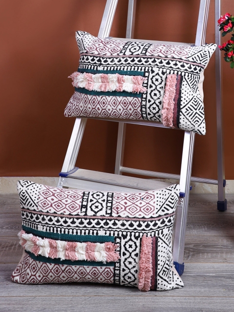 eyda Cream-Coloured & Black Set of 2 Embellished Rectangle Cushion Covers