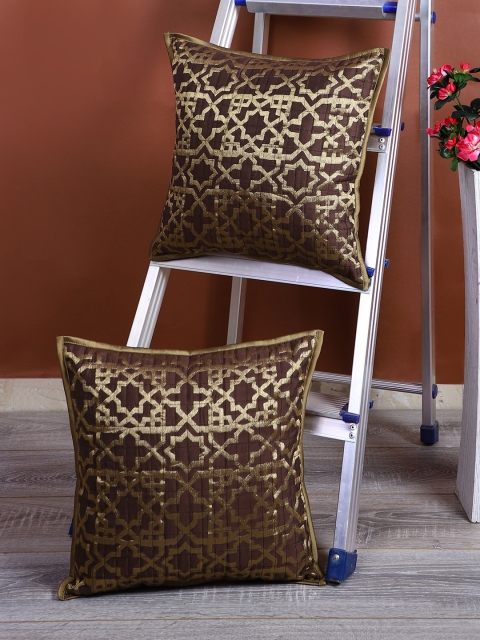 eyda Coffee Brown & Gold-Toned Set of 2 Ethnic Motifs Square Cushion Covers