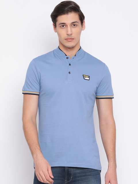 Antony Morato Men Blue Solid Mandarin Collar T-shirt