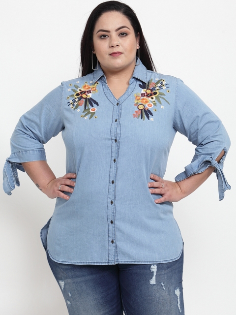 plusS Women Blue Regular Fit Solid Casual Shirt