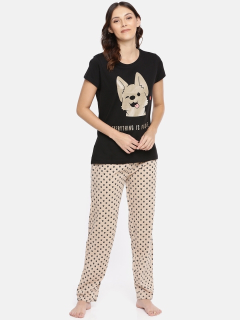 Ellete Women Black & Beige Printed Night suit