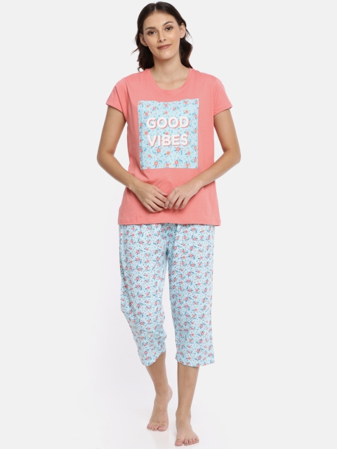 Ellete Women Peach-Coloured & Blue Floral Printed Night suit