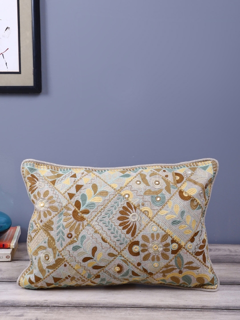 eyda Beige & Brown Single Embroidered Rectangle Cushion Cover
