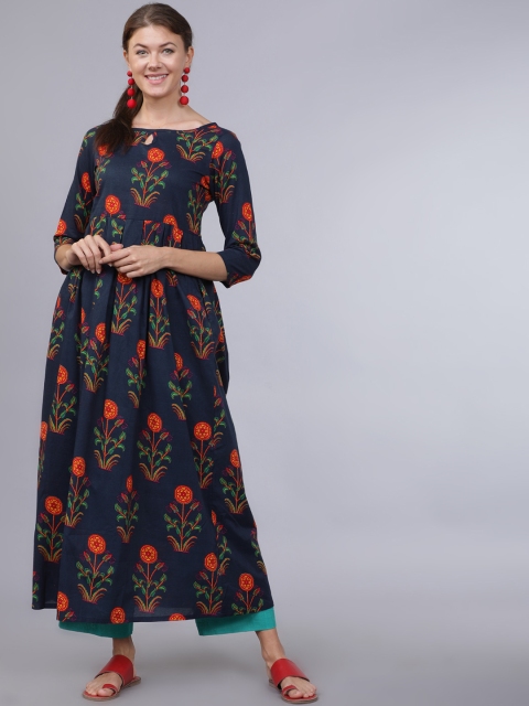 Folklore Women Navy Blue & Orange Floral Printed A-Line Kurta