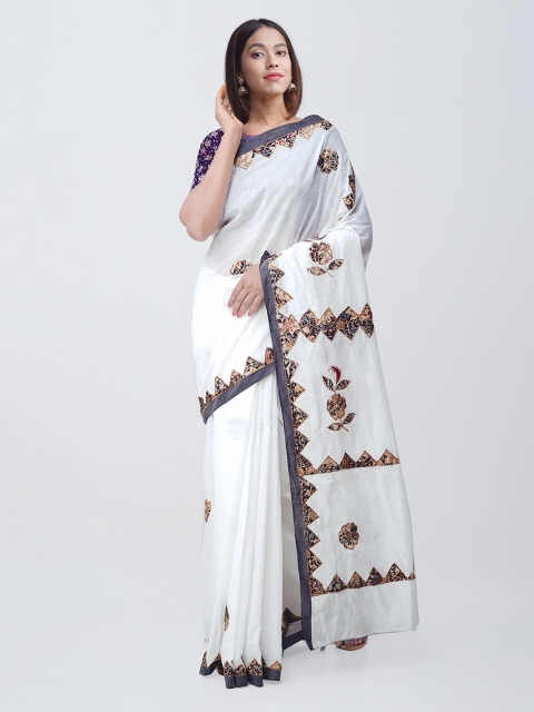 Unnati Silks White & Grey Pure Kerala Cotton Kalamkari Printed Saree