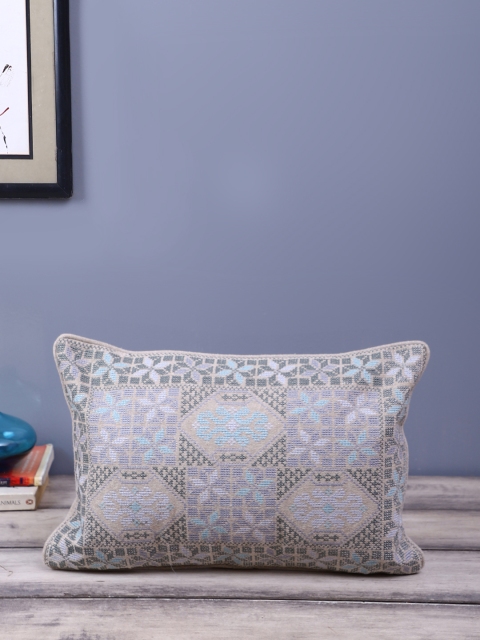 eyda Grey & Blue Ethnic Motifs Embroidered Rectangle Cushion Cover