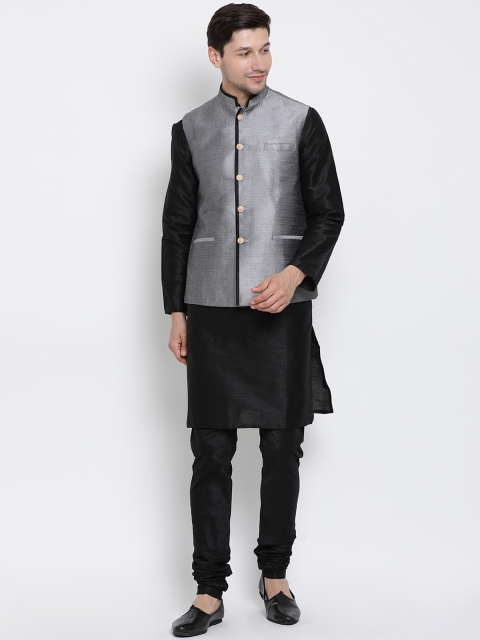 VASTRAMAY Men Grey & Black Solid Kurta with Churidar & Nehru Jacket