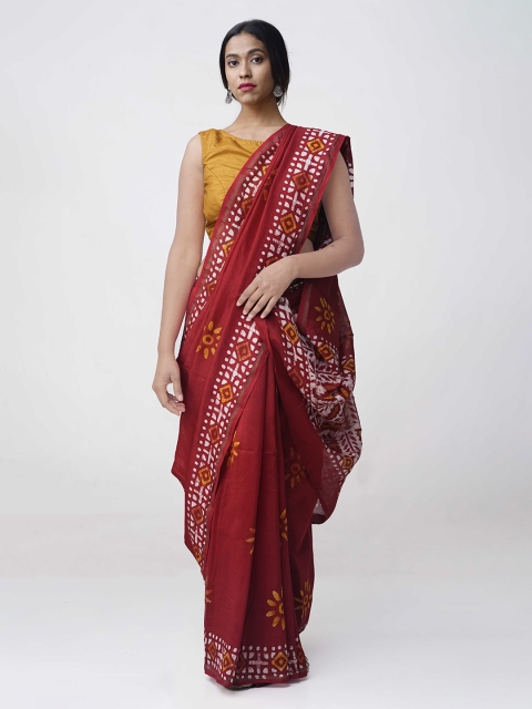 Unnati Silks Red & Off-White Silk Cotton Printed Chanderi Handloom Saree