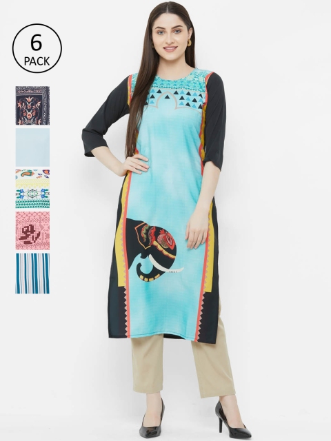 7Threads Women Pack of 6 Printed Straight Kurtas, Blue