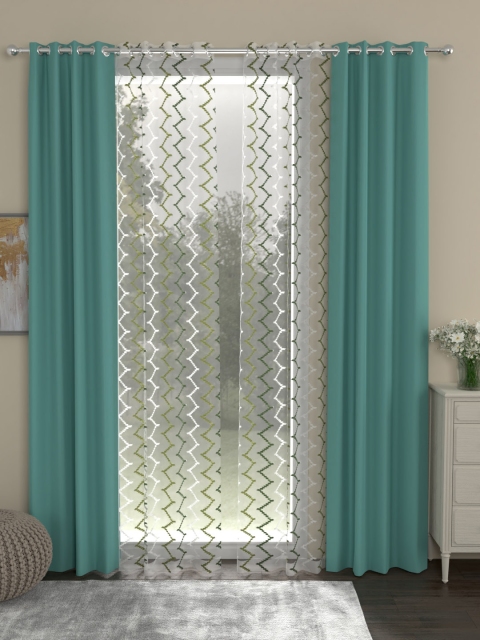 ROSARA HOME Teal Green & White Set of 4 Door Curtains