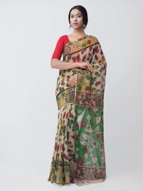 Unnati Silks Beige & Green Pure Cotton Printed Kota Saree