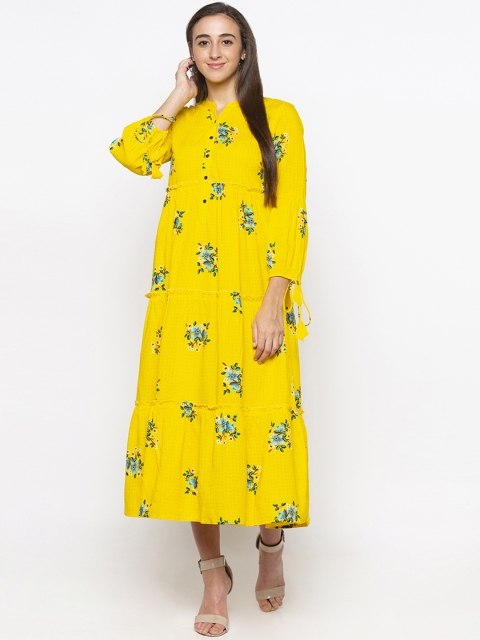 Globus Women Yellow Printed Empire Dress