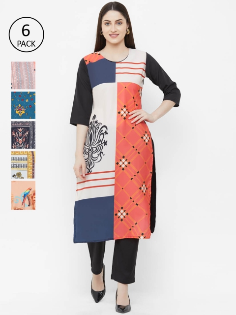 7Threads Women Pack Of 6 Printed Straight Kurta, White