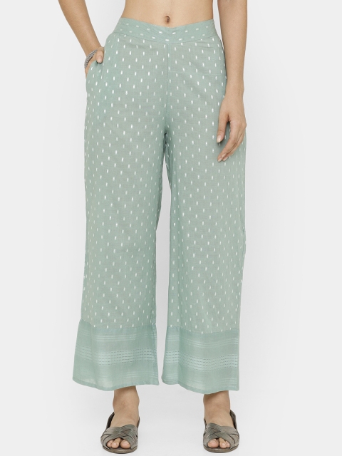 De Moza Women Green Self Design Straight Palazzos