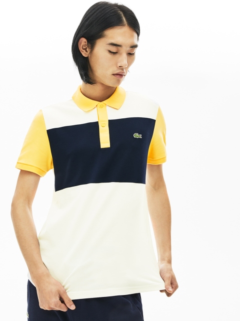 Lacoste Men White & Navy Blue Colourblocked Polo Collar T-shirt