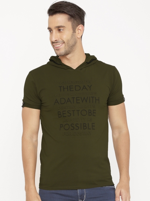 Rex Straut Jeans Men Olive Green Printed Hooded T-shirt