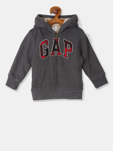 GAP Boys Charcoal Grey & Red Printed Hooded Sweatshirt