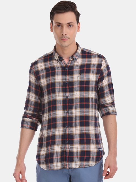 Flying Machine Men Navy Blue & Off-White Regular Fit Checked Casual Shirt