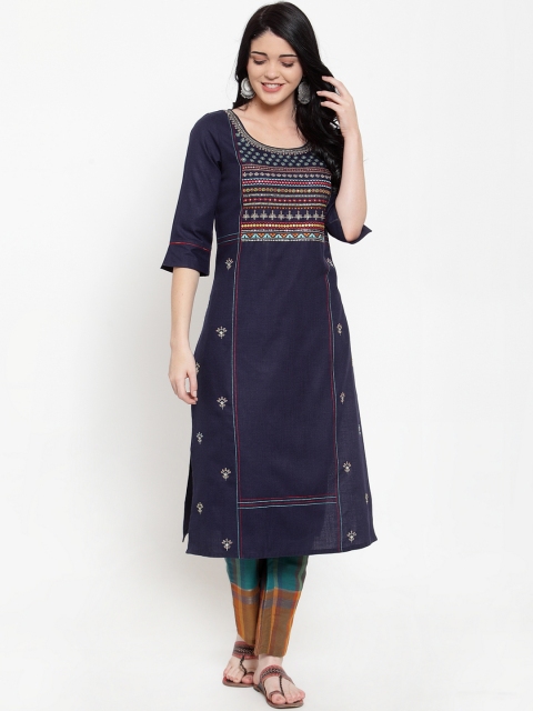 ANAISA Women Navy Blue & Orange Yoke Design Kurta with Embroidered Detail & Trousers
ANAISA Women Navy Blue & Orange Yoke Design Kurta with Embroidered Detail & Trousers