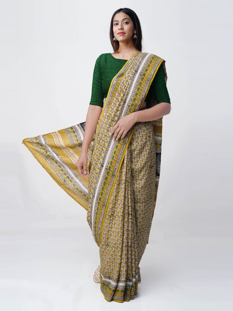 Unnati Silks Yellow & Off-White Art Silk Printed Bagru Handloom Saree