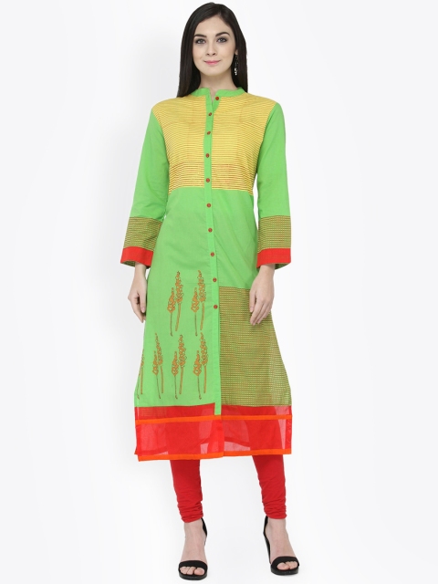 Tulsattva Women Green & Yellow Striped Straight Kurta