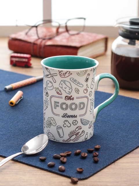 CLAY CRAFT Set of 2 White & Green Think FOOD Graphic Quote Ceramic Milk Mugs