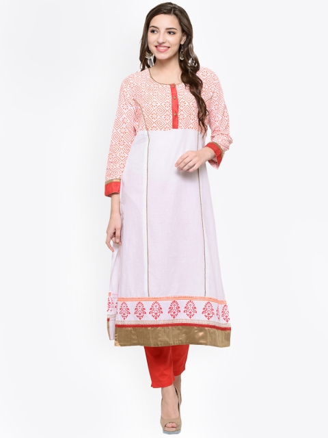 Tulsattva Women White & Orange Printed Straight Kurta