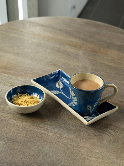 ellementry Set Of 3 Blue & Beige Printed Indigo Lush Ceramic Coffee Gift Set