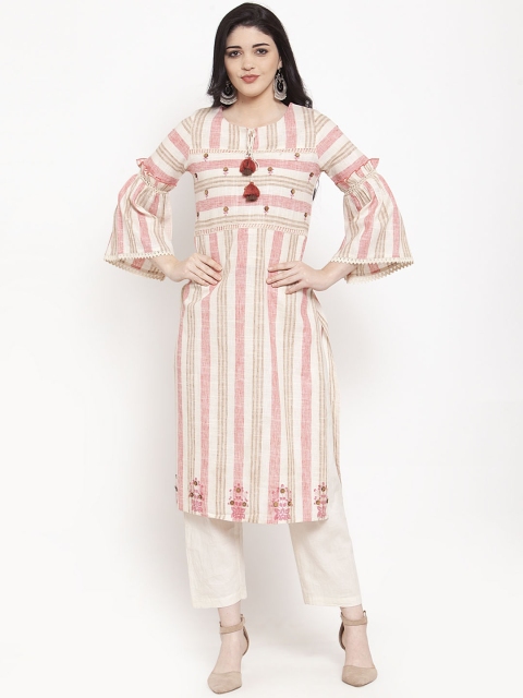 ANAISA Women Pink & White Striped Cotton Dobby Handblock Print Straight Kurta