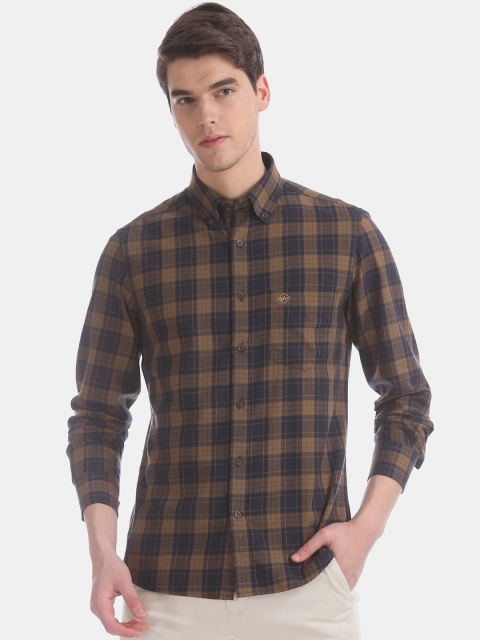 Arrow Sport Men Brown & Navy Blue Slim Fit Checked Casual Shirt