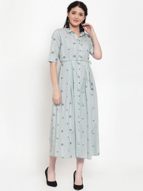 ANAISA Women Sea Green & Black Checked A-Line Dress