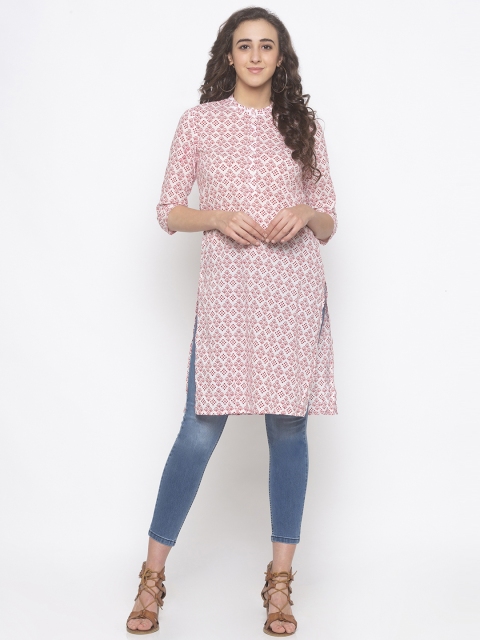 Globus Women White & Red Printed Straight Kurta