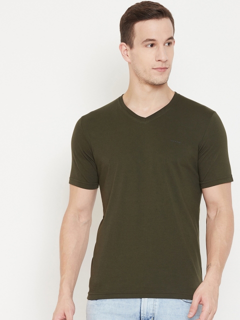 Okane Men Olive Green Solid V-Neck T-shirt