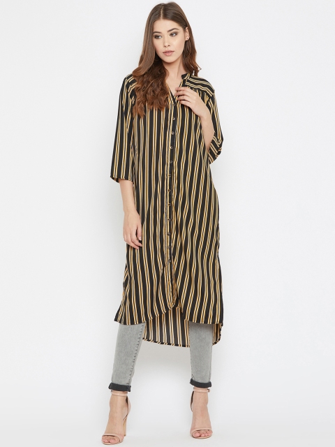 Ruhaans Women Black & Yellow Striped Straight Kurta